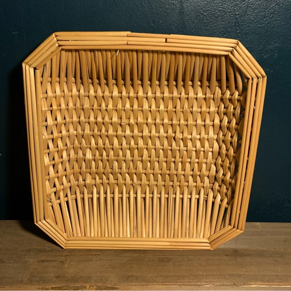 Set 3 Vintage Square Basket Trays Table  Wall Hanging Bread Woven Sewn Wicker